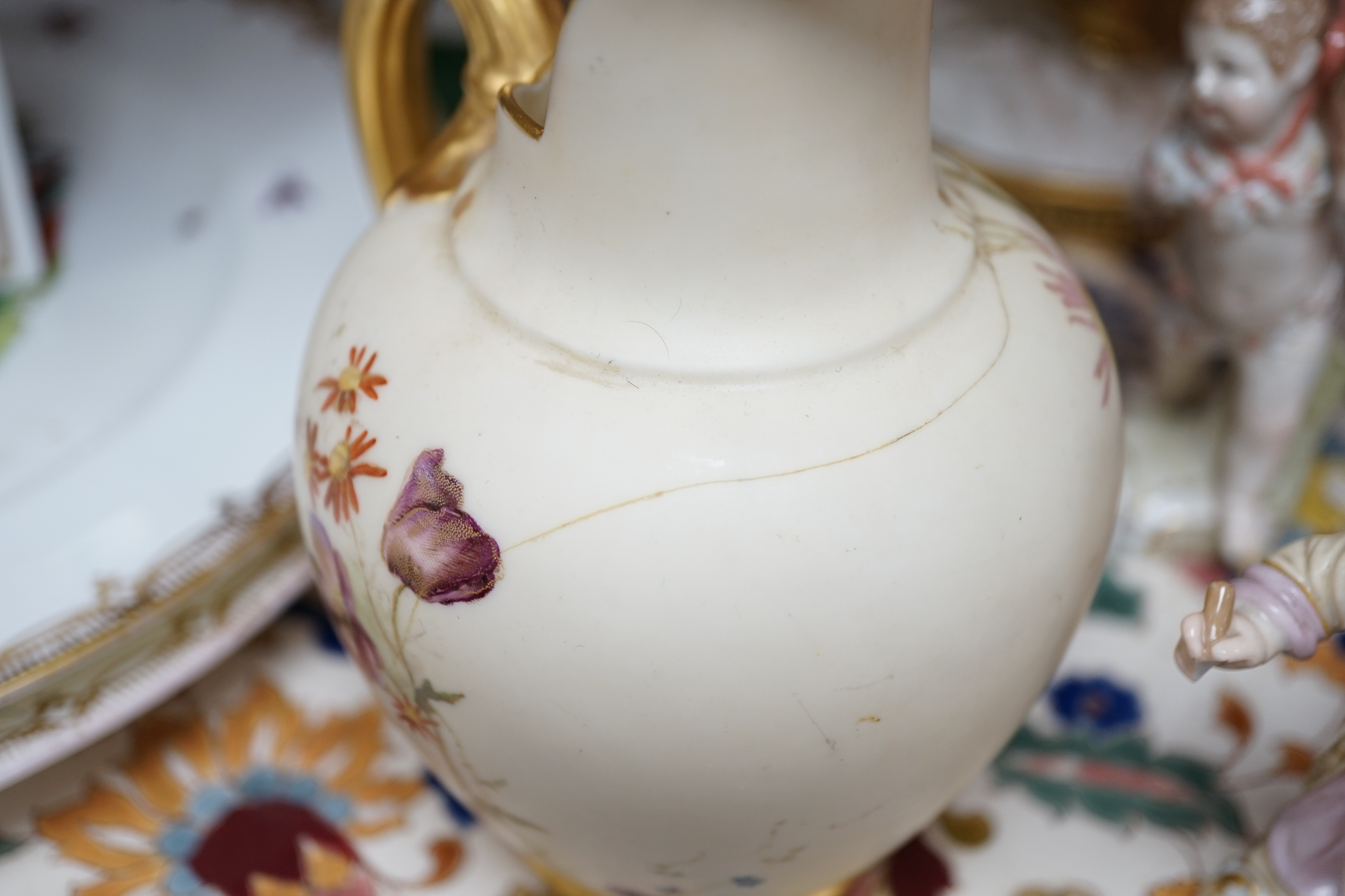 An Austrian Zsolnay type tray together with mixed English and Continental china including Royal Worcester vase, KPM figures and Moore centrepiece, largest 63cm wide